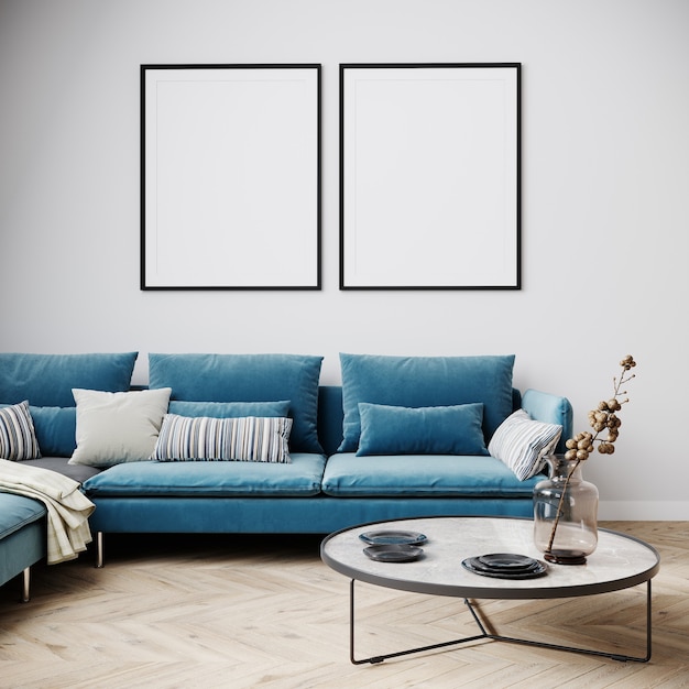 Mockup Poster In Modern Living Room, Coffee Table Color For Blue Sofa