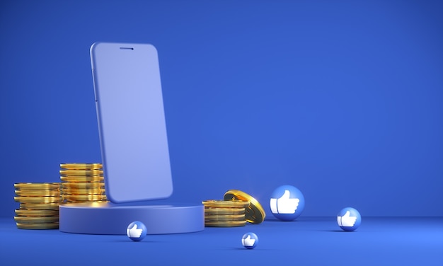 Download Premium Photo | Mockup smartphone with golden coin and like emoji icon 3d render