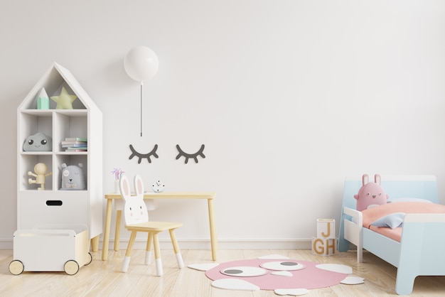 壁の白い色の背景の子供部屋のモックアップ壁 プレミアム写真