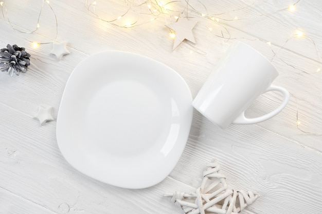 Download Premium Photo Mockup White Plate And Mug On A Christmas White Wooden