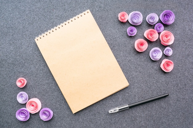 Download Mockup with empty notebook pen and paper pink roses ...