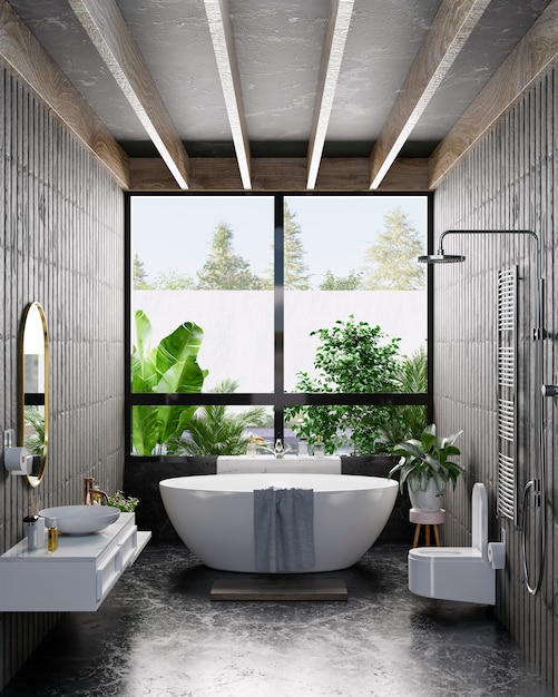  Modern bathroom interior design on dark color wall,3d rendering