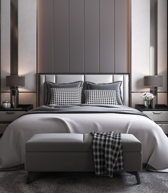 Premium Photo Modern Bedroom Interior Mock Up Grey Bed On Empty Dark Wall Background Scandinavian Style 3d Render