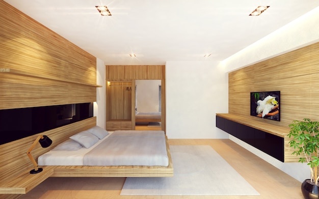 Premium Photo Modern Bedroom Interior In Wood Decoration