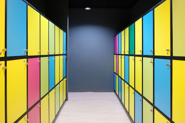 Modern colorful lockers with lighting, multi-color cabinets, public domain. Premium Photo