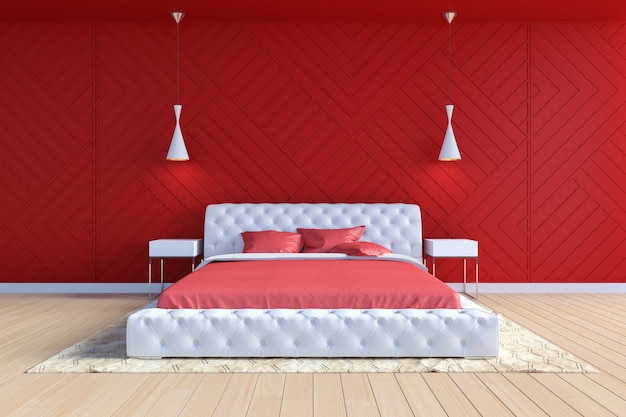 Modern Contemporary Bedroom Interior In Red And White Color