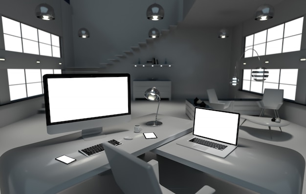 Modern dark desk office interior with computer and devices 3d rendering Premium Photo