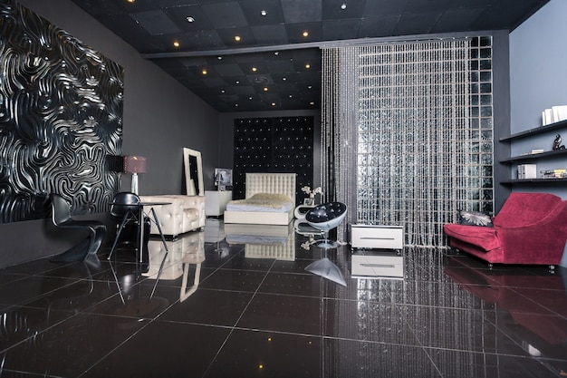 白いシックな家具とモダンなダークラグジュアリーブラックインテリア プレミアム写真