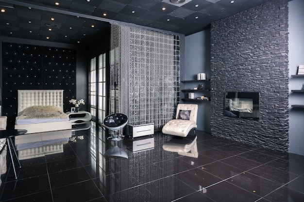 Premium Photo Modern Dark Luxury Black Interior With White Chic Furniture