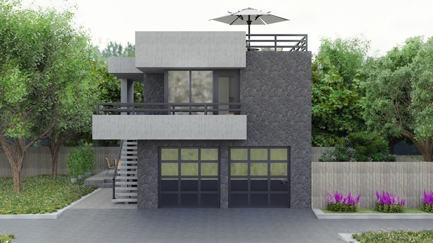 Premium Photo | Modern House With Garden And Garage. 3d Rendering.