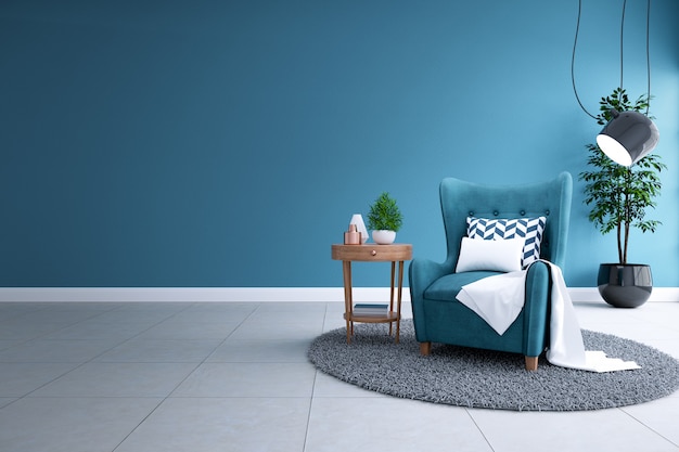 リビングルーム 青写真家の装飾の概念 青いソファ 白い床と暗い青写真の壁 3 Dレンダリングに黒ランプのモダンなインテリア プレミアム写真
