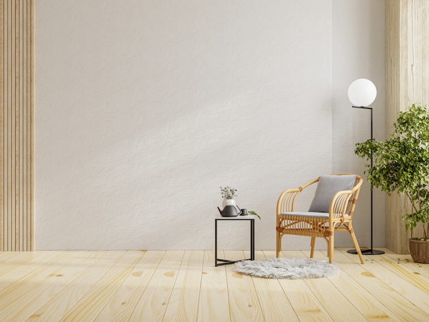 空の白い壁の背景 3dレンダリングにアームチェア付きの素敵な家具とモダンなインテリアルーム プレミアム写真