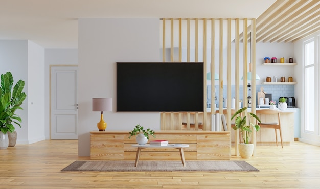 白い壁のあるリビングルームに家具とテレビの壁が取り付けられたモダンなキッチンインテリア 3dレンダリング プレミアム写真