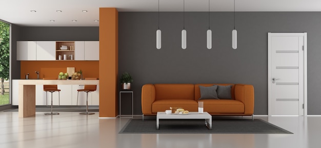 Premium Photo Modern Living Room With Orange Sofa Kitchen