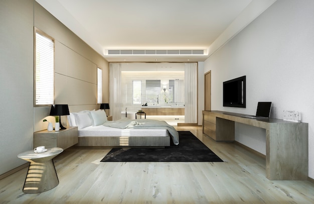 Modern luxury bedroom suite and bathroom with working table Free Photo