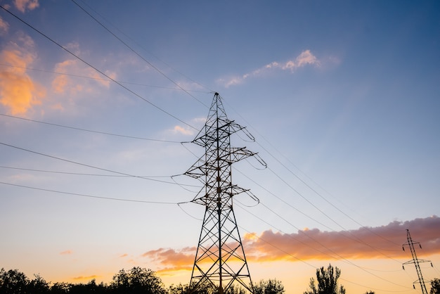 Premium Photo | Modern power lines at sunset