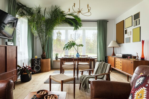 デザインレトロな家具 熱帯植物 窓と装飾とスタイリッシュな家の装飾のエレガントな個人的な付属品を備えたリビングルームのモダンなスカンジナビアの家のインテリア プレミアム写真