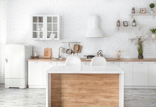 Free Photo Modern Stylish Scandinavian Kitchen Interior With Kitchen Accessories