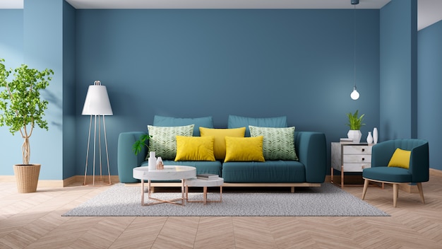リビングルーム 青写真の家の装飾の概念 青い壁と堅木張りの床 3 Dのレンダリングに大理石のテーブルと緑のソファのモダンなビンテージインテリア プレミアム写真