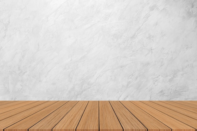 ショー プロモーション ディスプレイ上の広告バナーの木製の床とモダンな白い大理石のテクスチャ背景 プレミアム写真