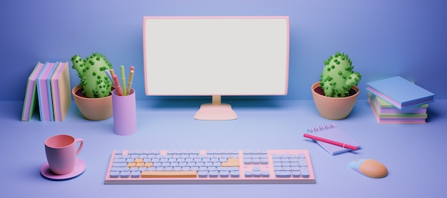 Monitor and keyboard on work or computer desk, 3d render or illustration pastel color Premium Photo