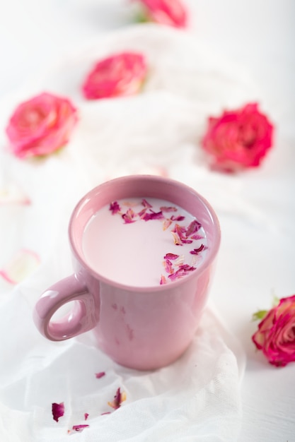 Premium Photo | Moon milk prepared with pink rose flower