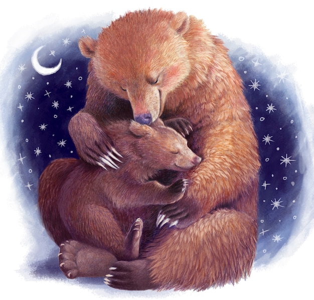 母熊は熊の子を抱きしめます リアルな色の手描き 母性についての星のイラスト 母の日 プレミアム写真