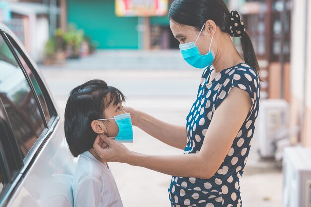 Premium Photo | Mother wearing mask to kid for protect coronavirus or  covid-19 virus before go to outdoor