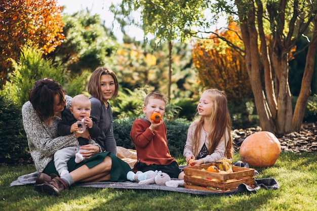 Mother with four kids having picnic on back yard Photo | Free Download