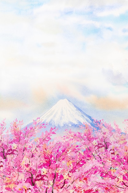 Premium Photo Mount Fuji And Cherry Blossom In Japan Spring Season Watercolor Painting Landscape Illustration Popular Famous Landmark In The Asia