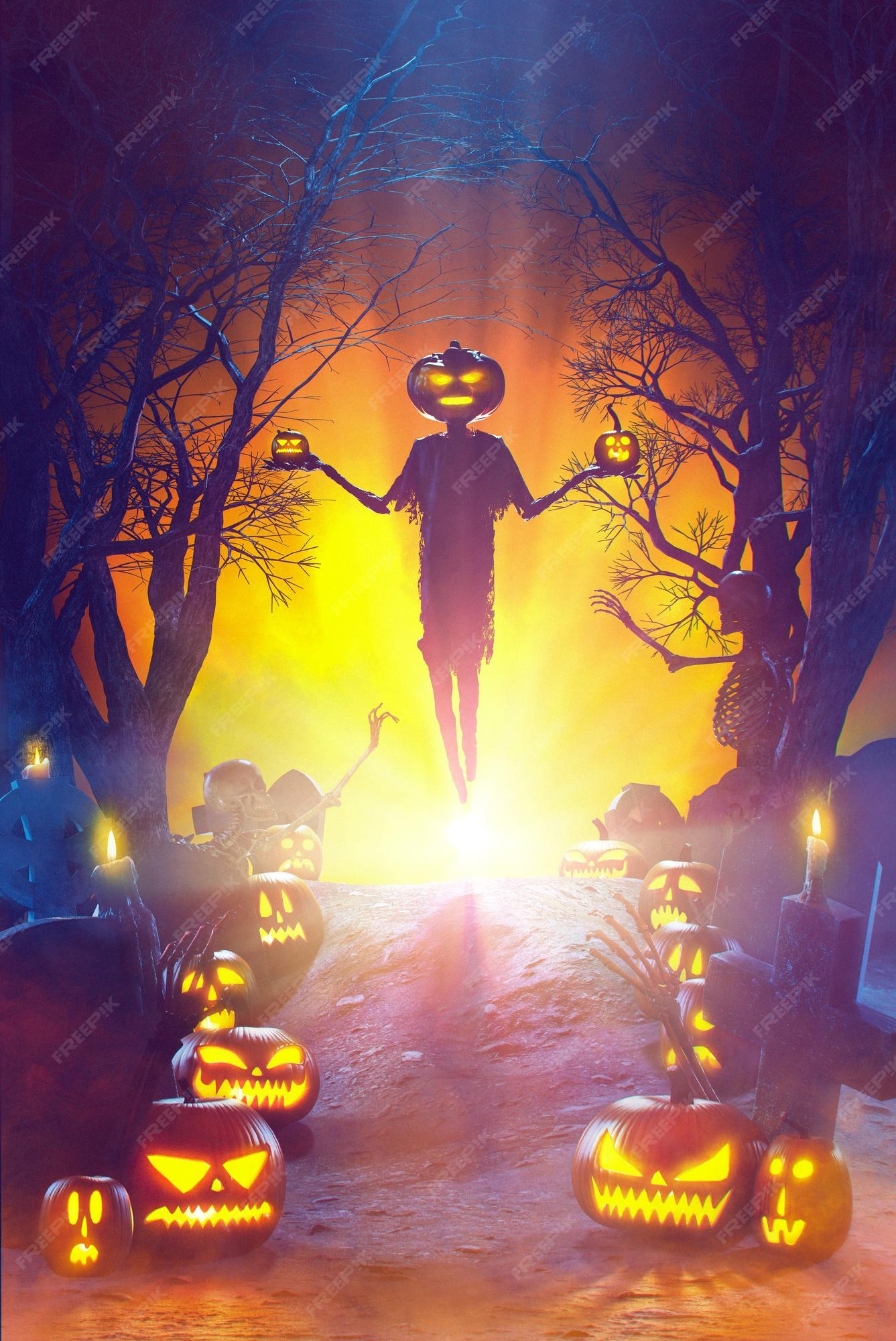 Premium Photo | Mr pumpkinhead appear from orange light on a hill in ...