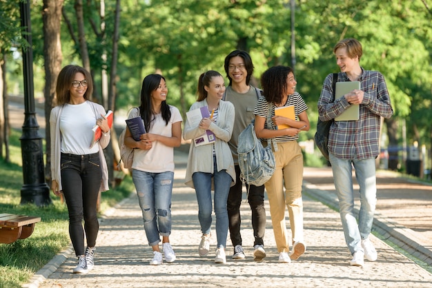 Multiethnic group of young cheerful students walking Free Photo