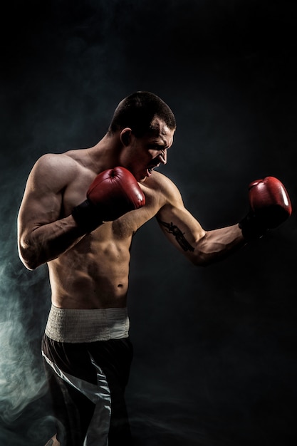 Premium Photo | Muscular muay thai fighter punching in smoke