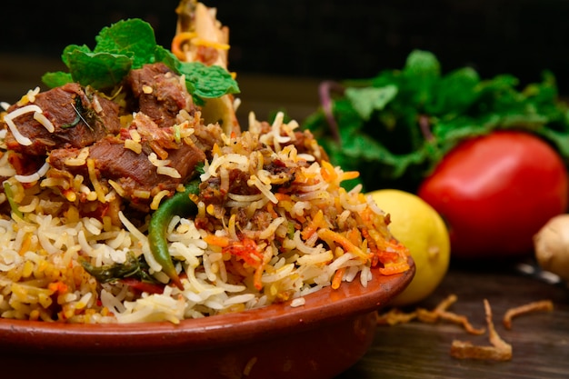 Mutton biryani food photography Premium Photo