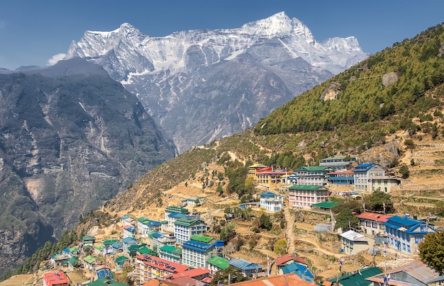 Premium Photo | Namche bazaar high-mountain village view. way to ...