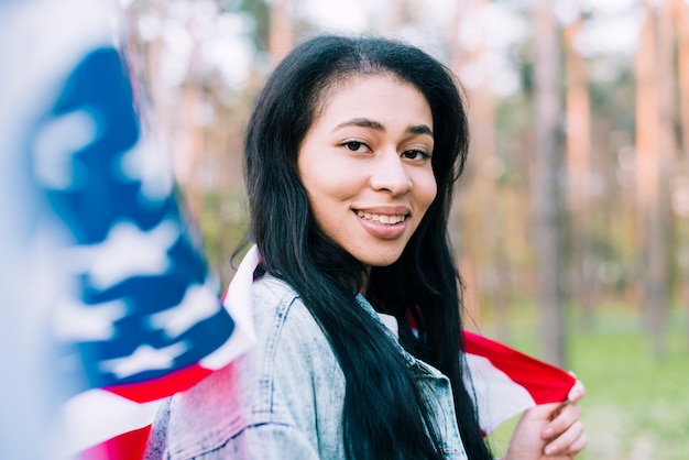 Native American Woman With Usa Flag Free Photo