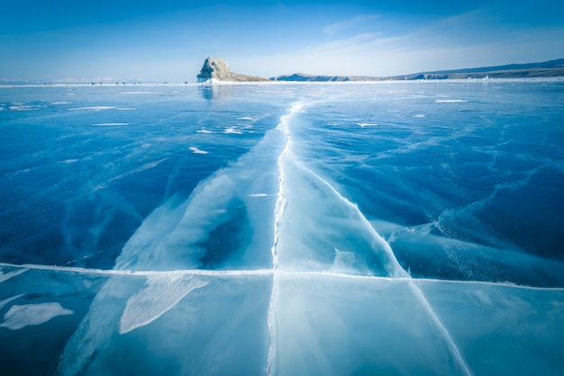 Natural breaking ice in frozen water at lake baikal, siberia, russia. Premium Photo