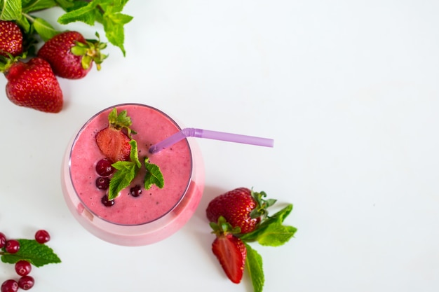 Download Premium Photo Natural Healthy Smoothie With Strawberries Organic Yogurt And Mint Top View Flat Lay