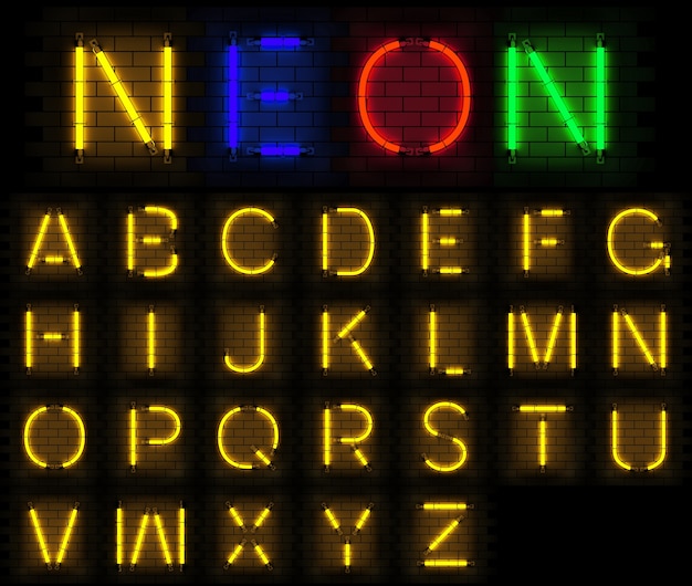 Neon light alphabet 3d rendering on brick background Premium Photo
