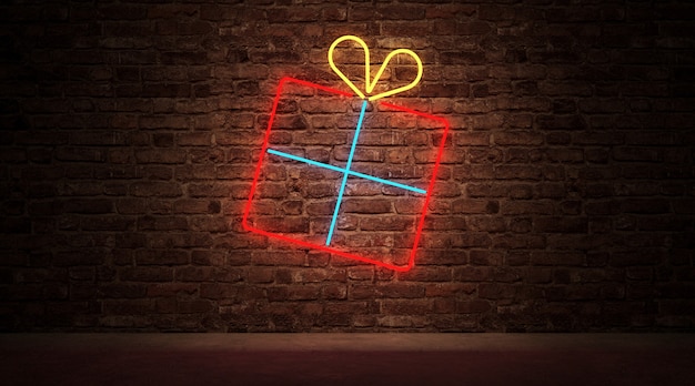 Premium Photo Neon Light Of Gift Box Symbol On Brick Wall