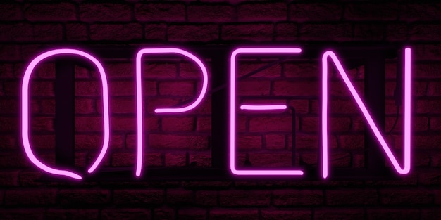 Premium Photo | Neon pink sign with the word open on brick wall. 3d ...