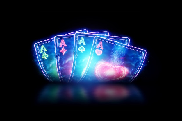 Premium Photo | Neon playing cards for poker, four aces on a dark ...