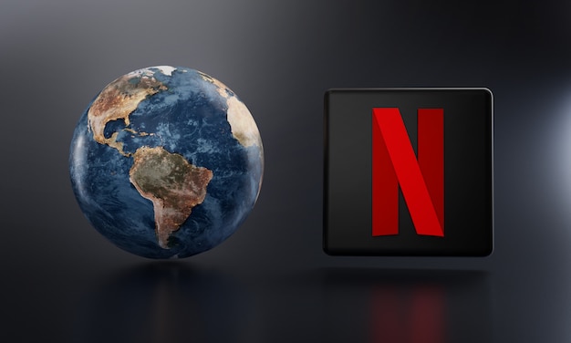 Netflix logo beside earth 3d rendering. Premium Photo