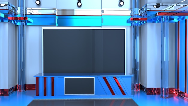 ニューススタジオ テレビ番組の背景 Tv On Wall 3d仮想ニューススタジオの背景 3dイラスト プレミアム写真