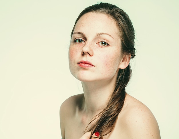 Premium Photo Nude Shoulders Beautiful Freckles Woman Face Portrait