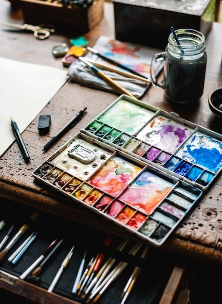 Premium Photo | Objects of artist on the wooden table