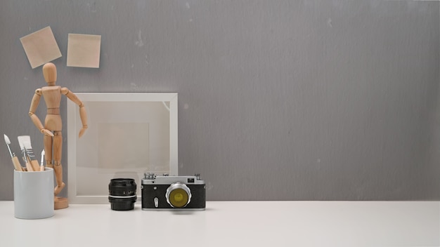 Office Minimalist Desk With Vintage Camera Stuff And Copy Space