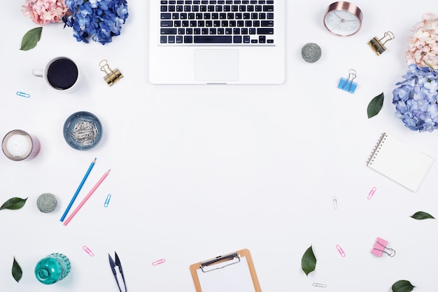 Office Table Desk Stationary On White Background Flat Lay Top