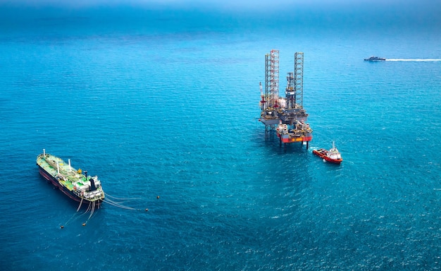 Offshore oil rig platform in the gulf from aerial view. Premium Photo