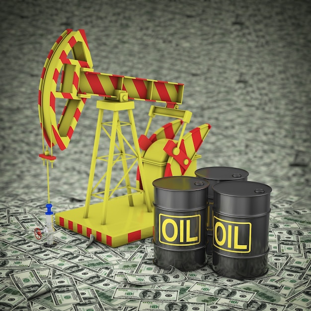 Oil barrels and pumps against the background of scattered dollars. 3d rendering. Premium Photo
